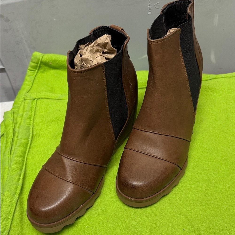 Brown Leather Chelsea Booties with Elastic Side Panels